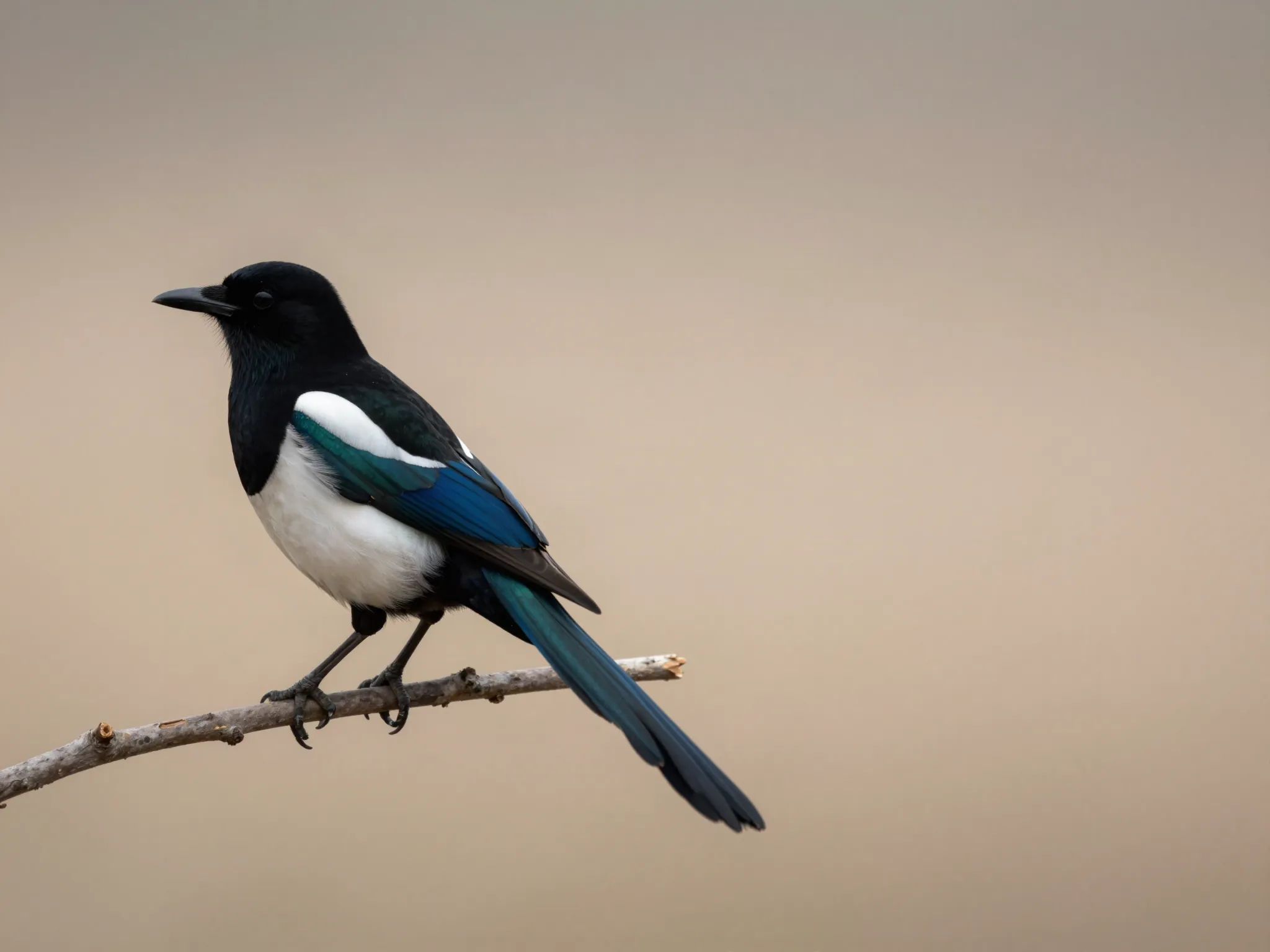 A magpie perched calmly on a slender branch, alert and watchful