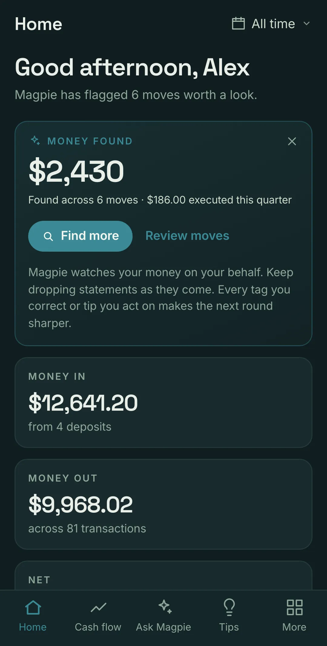 Magpie home screen showing money found and a calm summary of money in and out