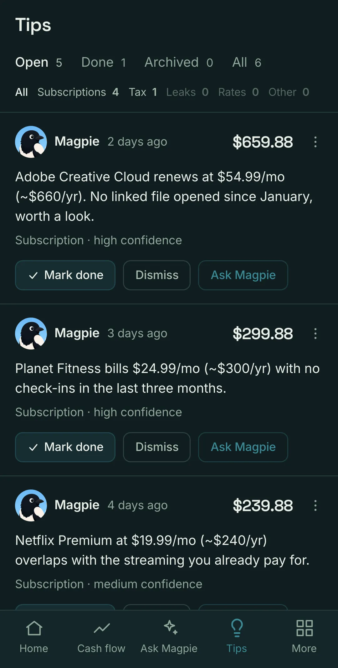 Magpie tips feed listing plain-English findings with exact dollar amounts