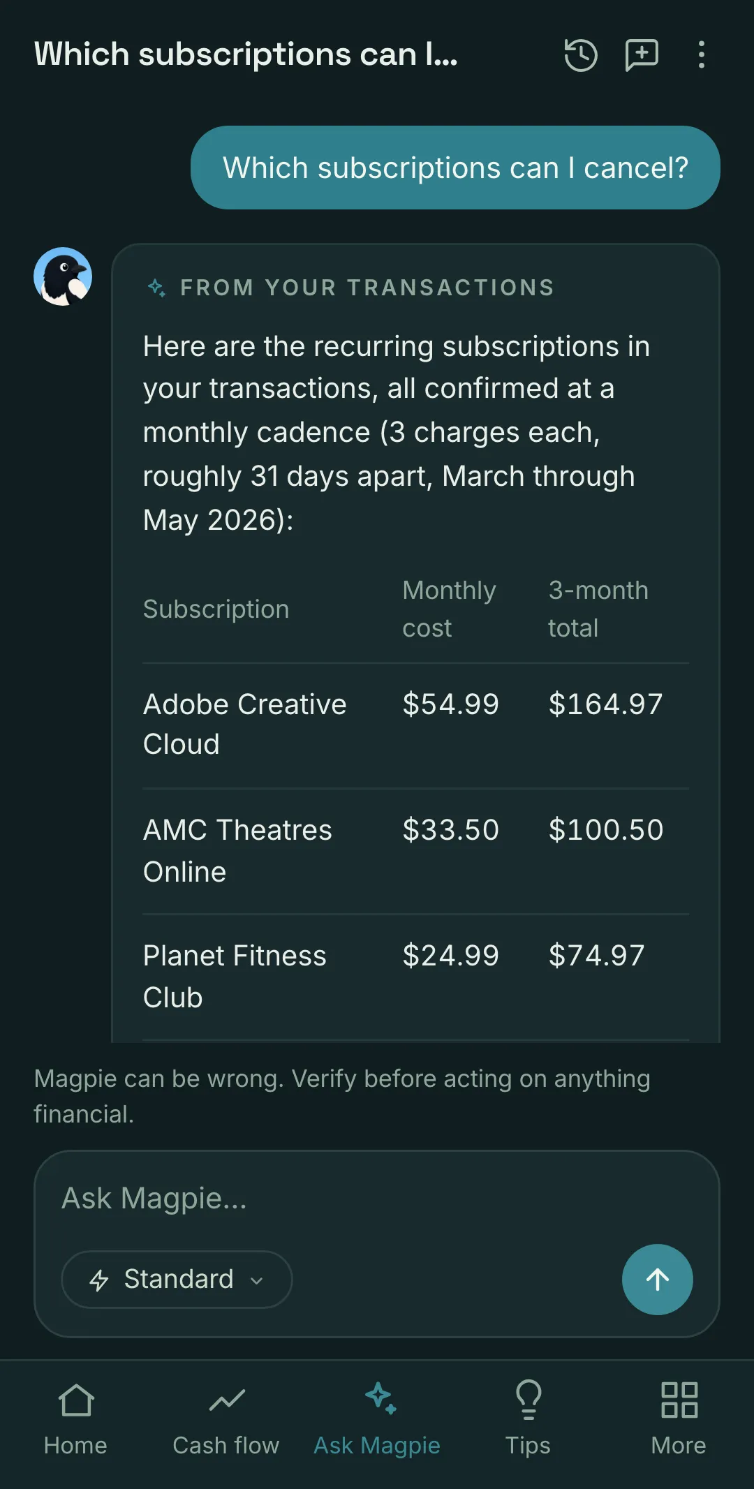 Ask Magpie screen answering a question with the user’s own numbers